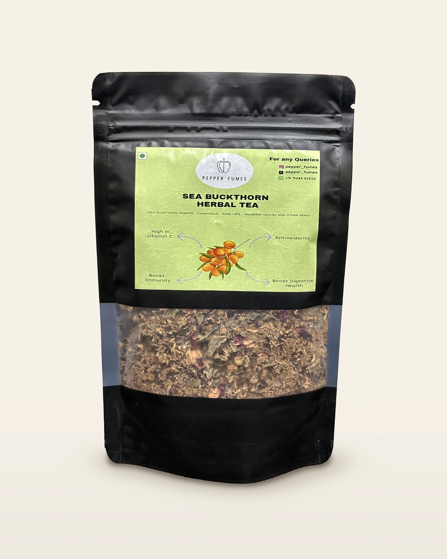A 50 g pouch of Pepper Fumes Seabuckthorn Herbal Tea