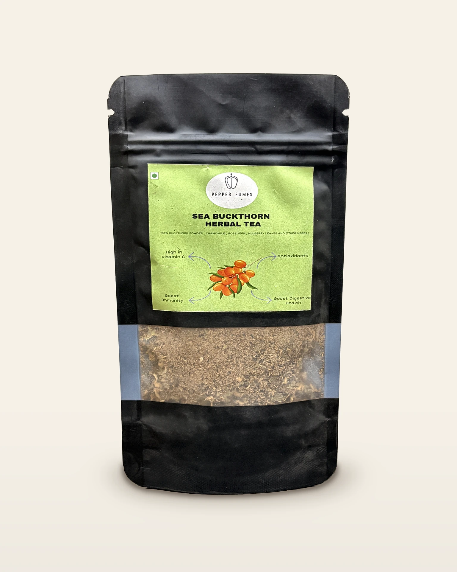 A 20 g pouch of Pepper Fumes Seabuckthorn Herbal Tea