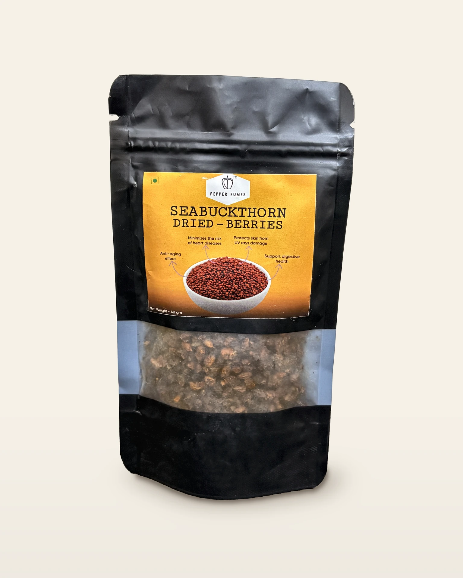 A pouch of Pepper Fumes Seabuckthorn Dried Berries, 40 g
