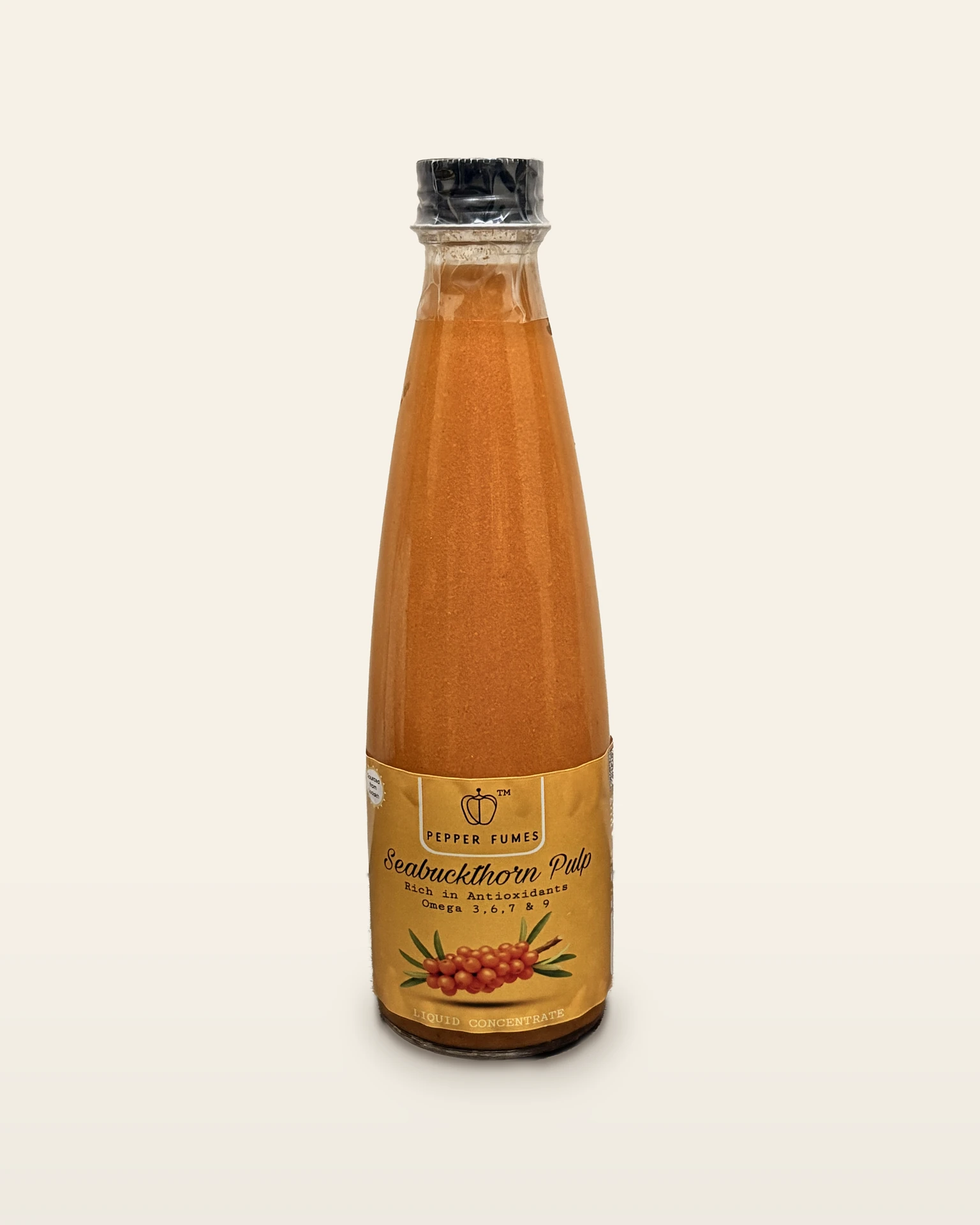 A bottle of Pepper Fumes Seabuckthorn Pulp, 300 ml